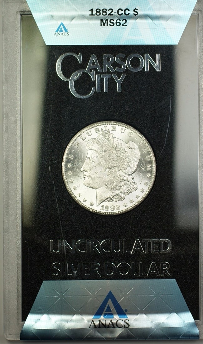 ANACS MS-62 1882 Carson City Morgan Dollar from GSA Hoard: ANACS MS-62 1882 Carson City Morgan Dollar from GSA Hoard This 1882-CC Morgan Silver Dollar from the GSA Hoard was minted in Carson City and is certified by ANACS with a grade of MS 62. The coin is co