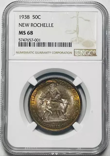 1938 New Rochelle Silver Dollar NGC MS 68 Uncirculated Coin: 1938 New Rochelle Silver Dollar NGC MS 68 Uncirculated Coin This 1938 Classic Commemorative Dollar from New Rochelle, New York, is a stunning piece certified by NGC with a remarkable grade of MS-68, i