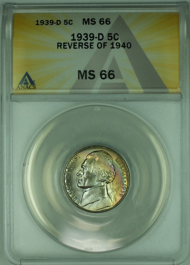 1939-D Reverse of 40 Jefferson Nickel ANACS MS 66 Rainbow Toned 5C Coin: 1939-D Reverse of 40 Jefferson Nickel ANACS MS 66 Rainbow Toned 5C Coin This is a 1939-D Reverse of 1940 Jefferson Nickel featuring a striking rainbow toning. The coin is uncirculated and has been gra