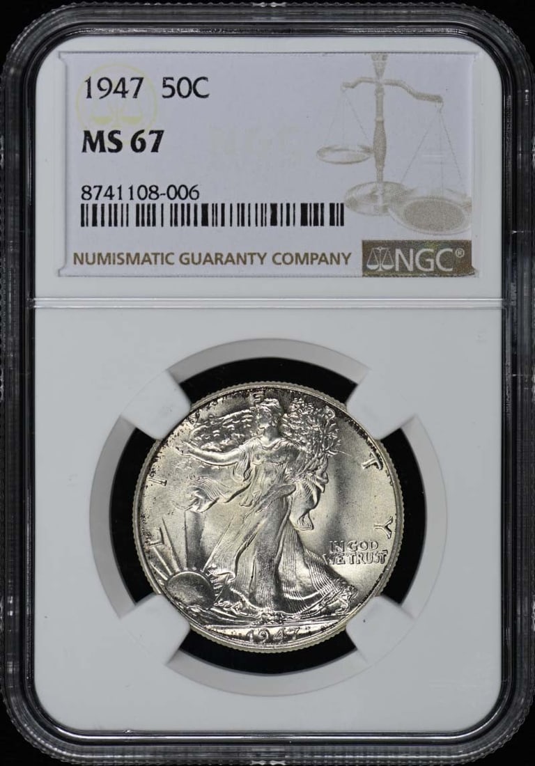 1947 Walking Liberty Half Dollar NGC MS67 Uncirculated: 1947 Walking Liberty Half Dollar NGC MS67 Uncirculated This 1947 Walking Liberty Half Dollar is a stunning example of American coinage, certified by NGC with a remarkable grade of MS67. This uncircula