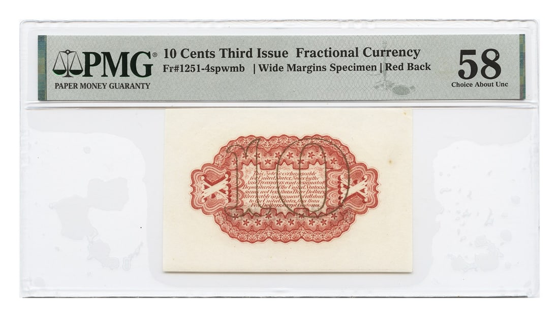 FR. 1251-4spwmb 10C Wide Margins Specimen PMG Ch AU58: FR. 1251-4spwmb 10C Wide Margins Specimen PMG Ch AU58 This item is a 10 Cents Fractional Currency note from the Third Issue, certified by PMG with a grade of AU58. It features wide margins and is clas