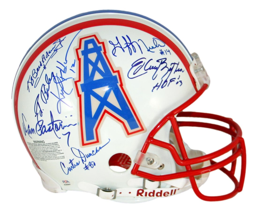 Houston Oilers Proline Helmet 12 Signatures Bud Adams PSA Authenticated: Houston Oilers Proline Helmet 12 Signatures Bud Adams PSA Authenticated This authentic Houston Oilers Proline helmet features 12 signatures, including that of the legendary Bud Adams. The helmet is a
