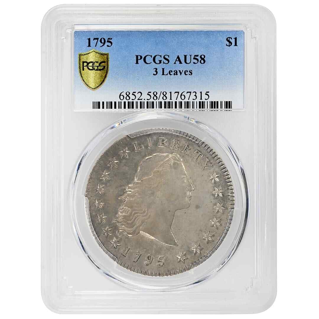 1795 Flowing Hair Silver Dollar PCGS AU58 Three Leaves Variety: 1795 Flowing Hair Silver Dollar PCGS AU58 Three Leaves Variety This 1795 Flowing Hair Dollar is a rare BB-27 3 Leaf variety, graded AU58 by PCGS. Struck at the Philadelphia Mint, the coin is composed