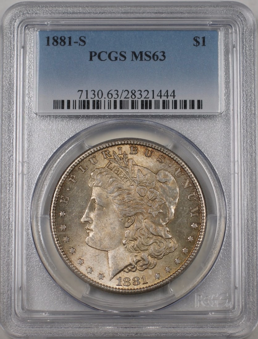 PCGS MS 63 1881 San Francisco Morgan Silver Dollar with Attractive Toning: PCGS MS 63 1881 San Francisco Morgan Silver Dollar with Attractive Toning This is an 1881-S Morgan Silver Dollar $1 coin from the United States, minted in San Francisco. The coin is composed of silver