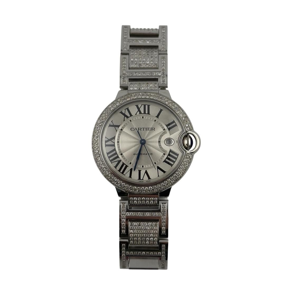 Ballon Bleu 3765 Silver Dial Watch with Diamond Bezel and Bracelet Plus Card: Ballon Bleu 3765 Silver Dial Watch with Diamond Bezel and Bracelet Plus Card This Cartier Ballon Bleu watch features a silver dial, a diamond bezel, and a diamond bracelet. It is identified by referen
