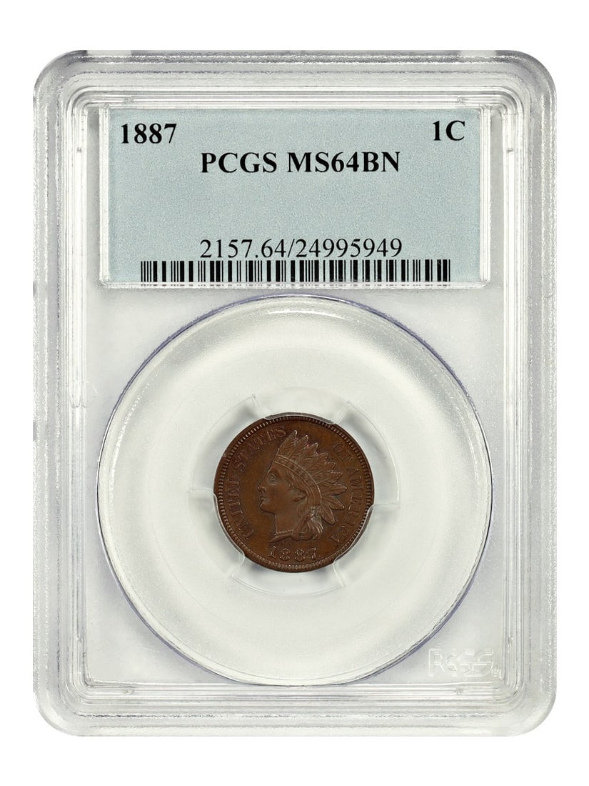 1887 Indian Head Cent PCGS MS64BN Uncirculated Brown: 1887 Indian Head Cent PCGS MS64BN Uncirculated Brown This 1887 Indian Cent is certified by PCGS with a grade of MS64BN, indicating a high-quality uncirculated coin with brown coloration. Minted in Phi
