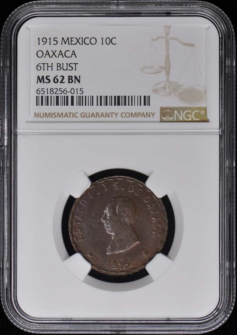 1915 Mexico Oaxaca 10C Coin NGC MS62 Authentic Uncirculated: 1915 Mexico Oaxaca 10C Coin NGC MS62 Authentic Uncirculated This 1915 Mexico Oaxaca 10 Centavos coin is graded as MS62 by NGC, indicating it is in uncirculated condition with minor imperfections. The