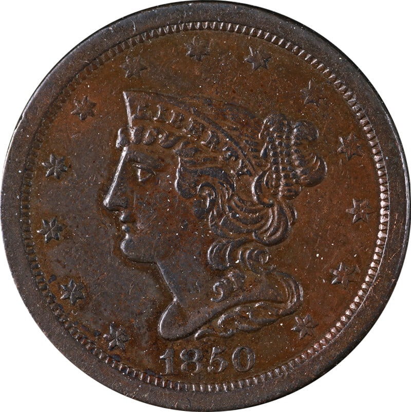 1850 Copper Half Cent XF Grade C-1 R.2 Eye Appeal: 1850 Copper Half Cent XF Grade C-1 R.2 Eye Appeal This original 1850 Half Cent features a chocolate brown color with outstanding surfaces and a well-defined strike. Graded as Choice XF C-1 R.2, this c