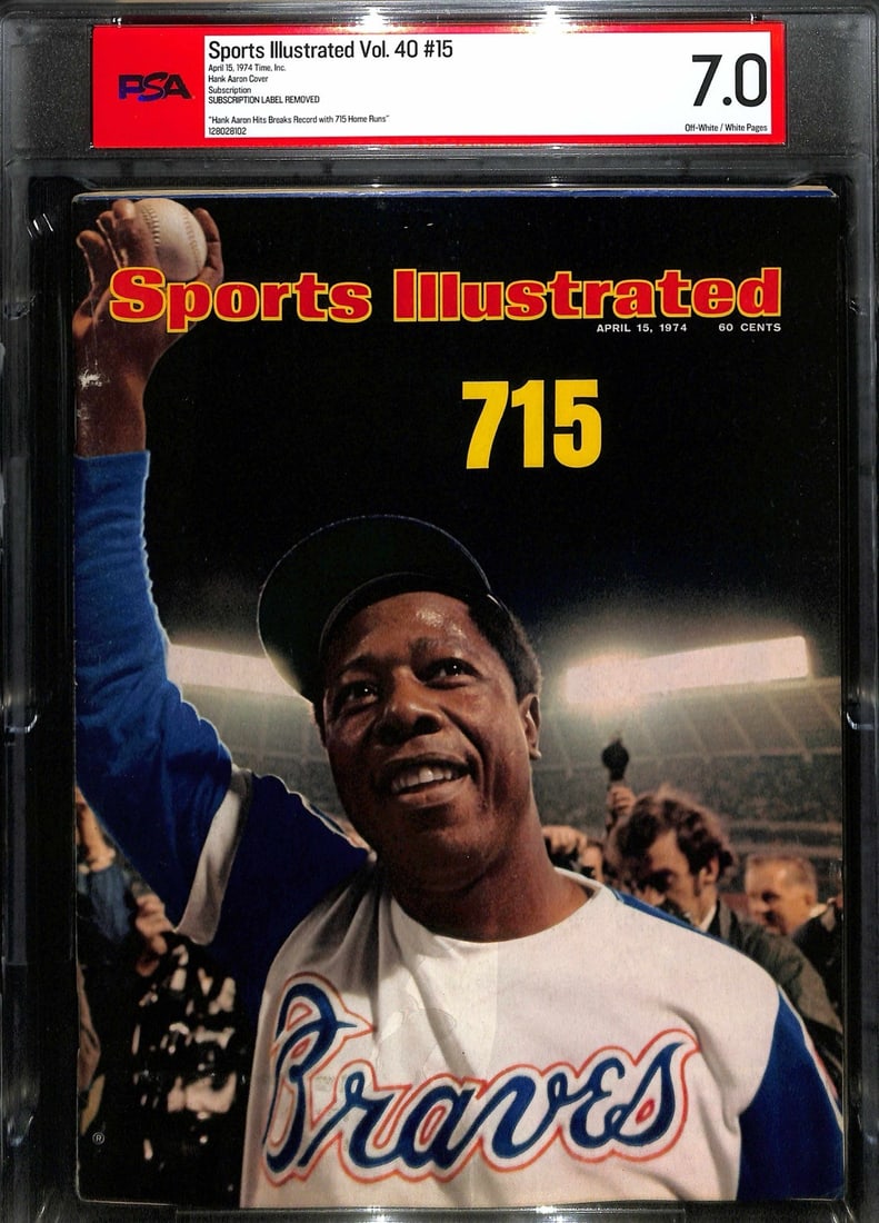 Hank Aaron 715 Sports Illustrated April 15 1974 PSA 7 Signed Magazine: Hank Aaron 715 Sports Illustrated April 15 1974 PSA 7 Signed Magazine Celebrate a monumental moment in sports history with this original 1974 Sports Illustrated magazine featuring Hank Aaron on the co