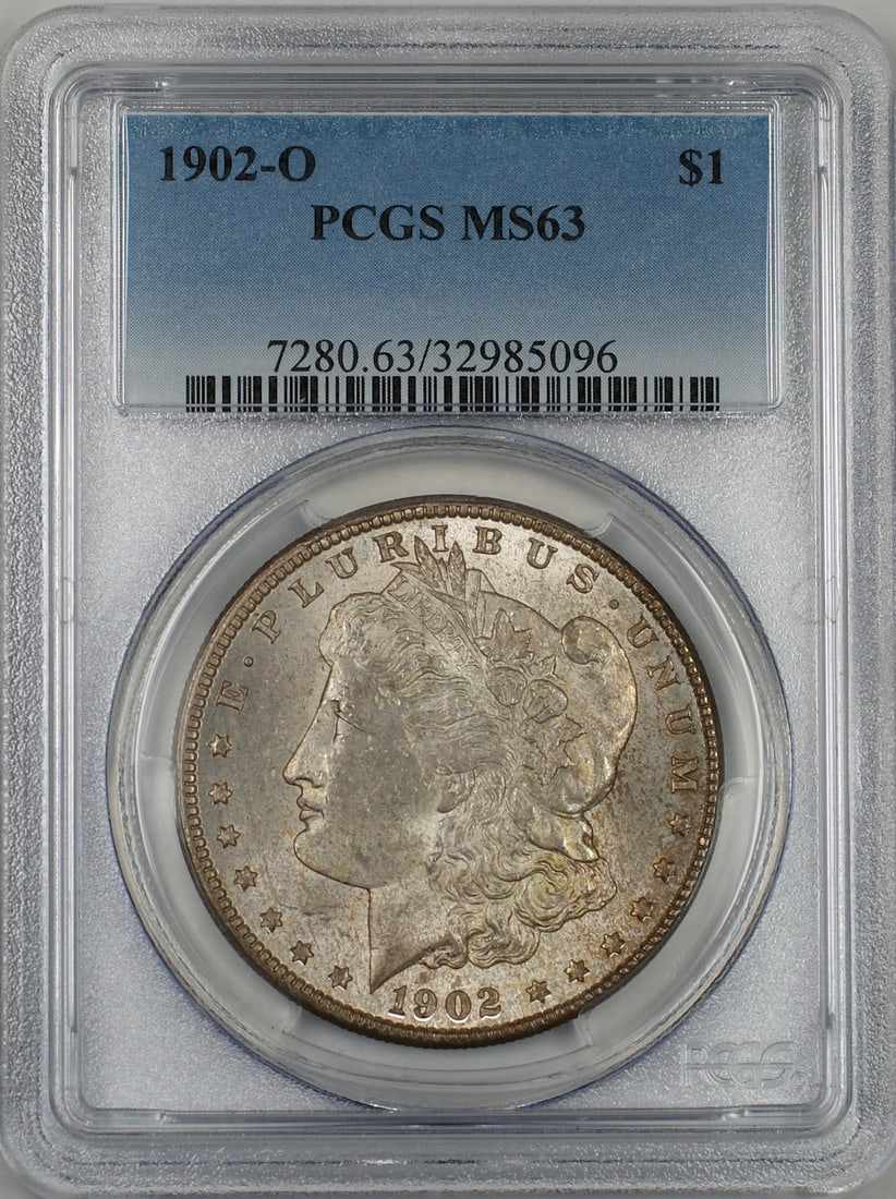 PCGS MS63 1902-O Morgan Dollar Silver Coin With Attractive Toning: PCGS MS63 1902-O Morgan Dollar Silver Coin With Attractive Toning This 1902-O Morgan Silver Dollar is a $1 coin minted in New Orleans and is composed of silver. Certified by PCGS with a grade of MS 63