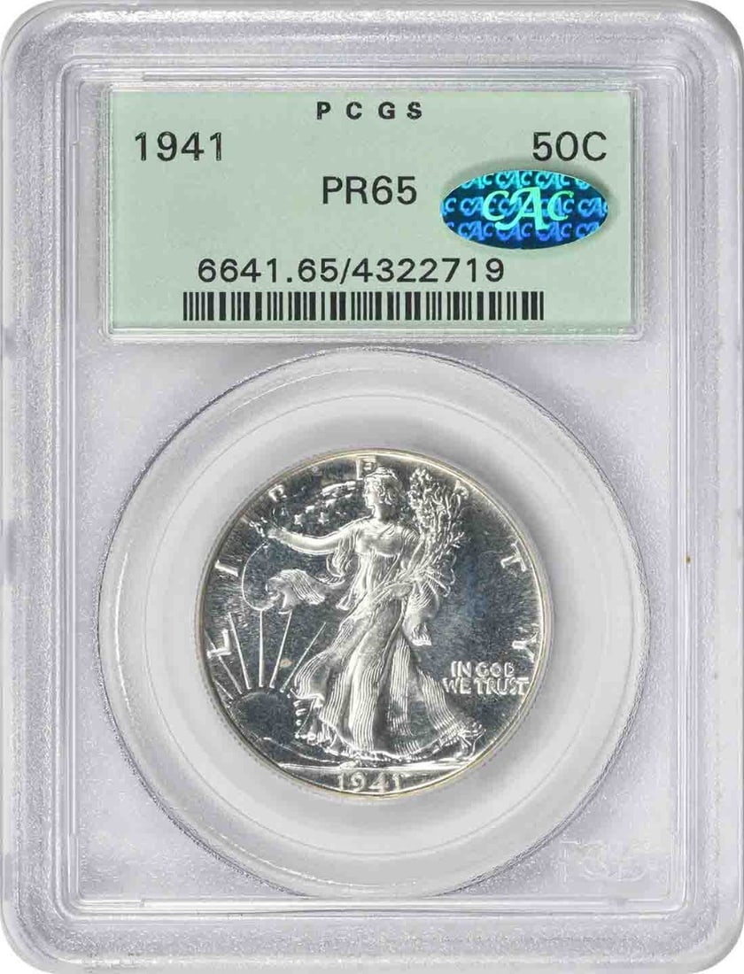 1941 Walking Liberty Silver Half Dollar PR65 PCGS OGH CAC Proof: 1941 Walking Liberty Silver Half Dollar PR65 PCGS OGH CAC Proof This 1941 Walking Liberty Silver Half Dollar is a stunning piece of numismatic history, graded PR65 by PCGS and featuring the Original G