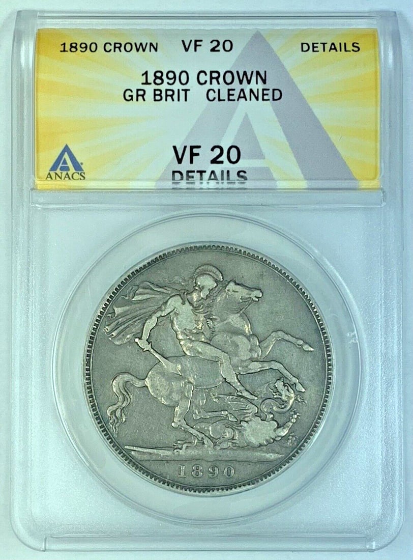 ANACS VF 20 1890 Silver Crown Coin from United Kingdom Cleaned: ANACS VF 20 1890 Silver Crown Coin from United Kingdom Cleaned This 1890 Great Britain Crown coin is certified by ANACS with a VF 20 grade and noted as cleaned. Composed of silver, this historical coi