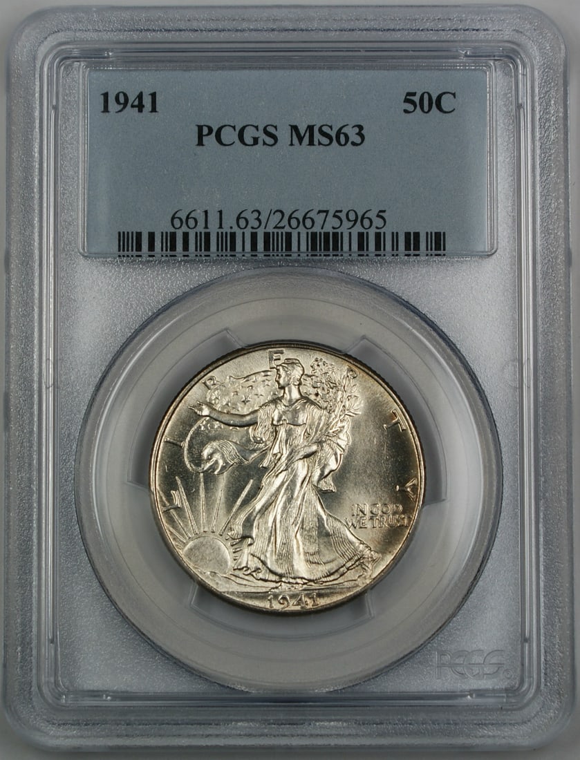PCGS MS63 1941 Philadelphia Walking Liberty Half Dollar Silver Coin: PCGS MS63 1941 Philadelphia Walking Liberty Half Dollar Silver Coin This is a 1941 Walking Liberty Silver Half Dollar graded MS-63 by PCGS. The coin is uncirculated and was minted in Philadelphia, Uni