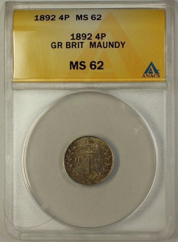 1892 Silver Four Pence Maundy Coin ANACS MS-62 from Great Britain: 1892 Silver Four Pence Maundy Coin ANACS MS-62 from Great Britain This is an un-used 1892 Great Britain Groat Four Pence Maundy coin composed of silver. The coin is graded MS 62 and has been certified
