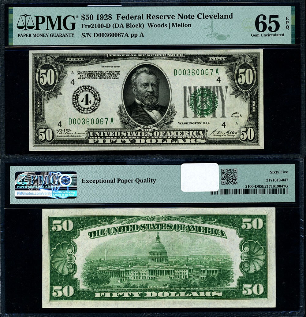 1928 $50 Federal Reserve Note Cleveland D-A Block PMG Gem CU65 EPQ (1 of 3)