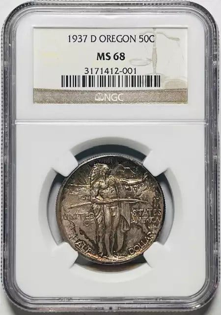 1937 D Oregon Trail Memorial Dollar NGC MS 68 Silver Coin: 1937 D Oregon Trail Memorial Dollar NGC MS 68 Silver Coin This 1937 D Classic Commemorative Oregon Trail Memorial coin is a remarkable piece certified by NGC with a stunning grade of MS 68. Struck in