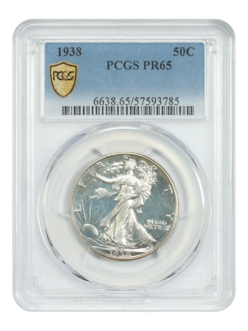 PCGS PR65 1938 Walking Liberty Half Dollar Proof 50C Coin: PCGS PR65 1938 Walking Liberty Half Dollar Proof 50C Coin This 1938 Walking Liberty Half Dollar is a proof strike coin graded PR65 by PCGS. Minted in Philadelphia, it belongs to a limited mintage of 8
