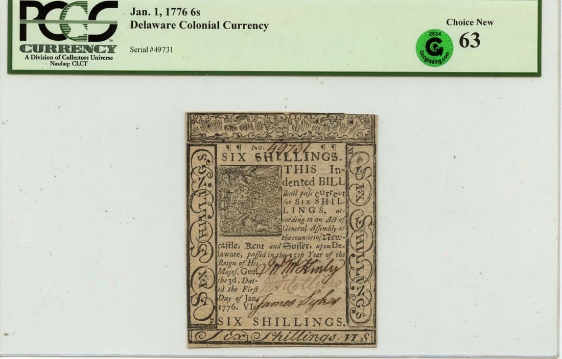 1776 6 Shillings Delaware Colonial Currency PCGS MS63 DE-78: 1776 6 Shillings Delaware Colonial Currency PCGS MS63 DE-78 This is a 1776 January 1st 6 Shillings Delaware Colonial Currency, certified by PCGS Currency with the certification number 80219273. It is