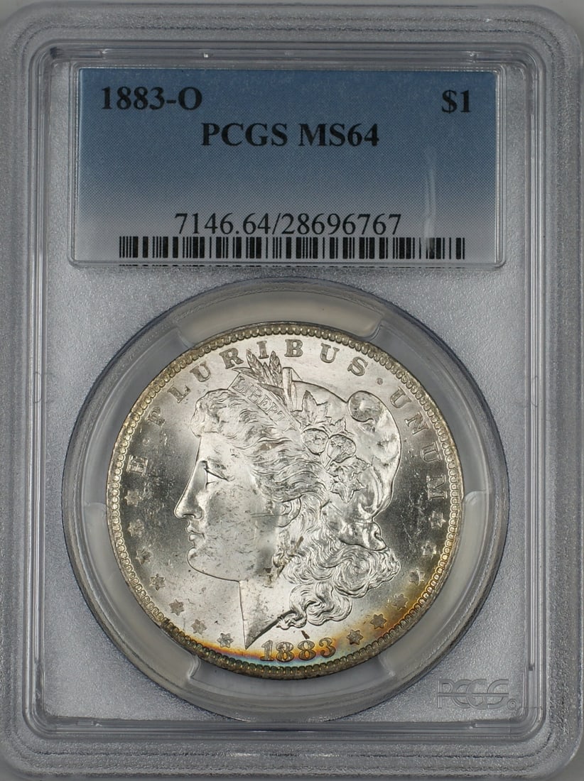 PCGS MS64 1883-O Morgan Dollar Silver Coin with Attractive Toning: PCGS MS64 1883-O Morgan Dollar Silver Coin with Attractive Toning This 1883-O Morgan Silver Dollar is certified by PCGS with a grade of MS 64. The coin is uncirculated and features beautiful crescent