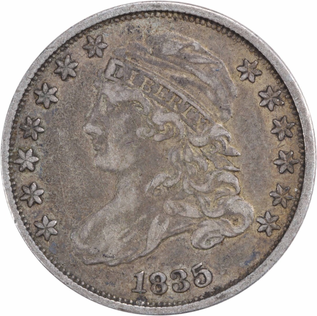 1835 Capped Bust Silver Dime 10C by John Reich Uncertified: 1835 Capped Bust Silver Dime 10C by John Reich Uncertified This 1835 Bust Silver Dime features the iconic Capped Bust design, crafted by designer John Reich. It is a circulated coin with a denominatio