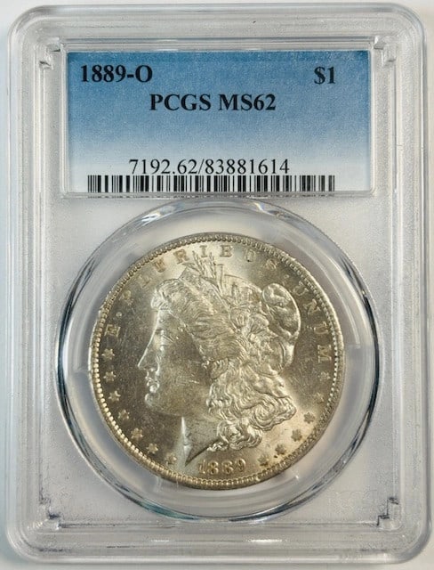 PCGS MS62 1889 New Orleans Morgan Silver Dollar Uncirculated: PCGS MS62 1889 New Orleans Morgan Silver Dollar Uncirculated This 1889 O Morgan Silver Dollar is certified by PCGS with a grade of MS 62, indicating an uncirculated condition. Minted in New Orleans, t