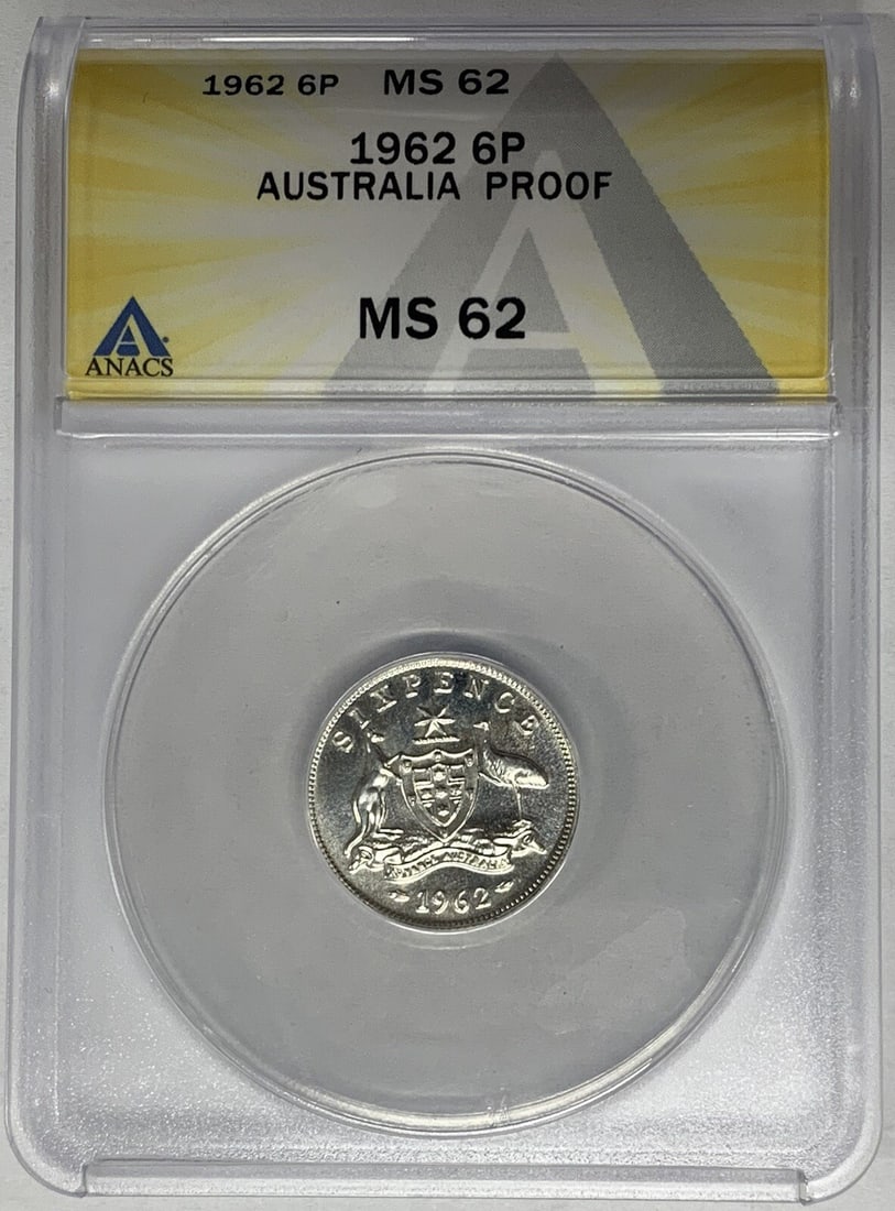 Australia 1962 Proof Sixpence Coin ANACS PR 62 Certified: Australia 1962 Proof Sixpence Coin ANACS PR 62 Certified This is a 1962 Australia Proof 6 Pence coin, graded PR 62 by ANACS. The coin is of pre-decimal type and is in uncirculated condition. It origin