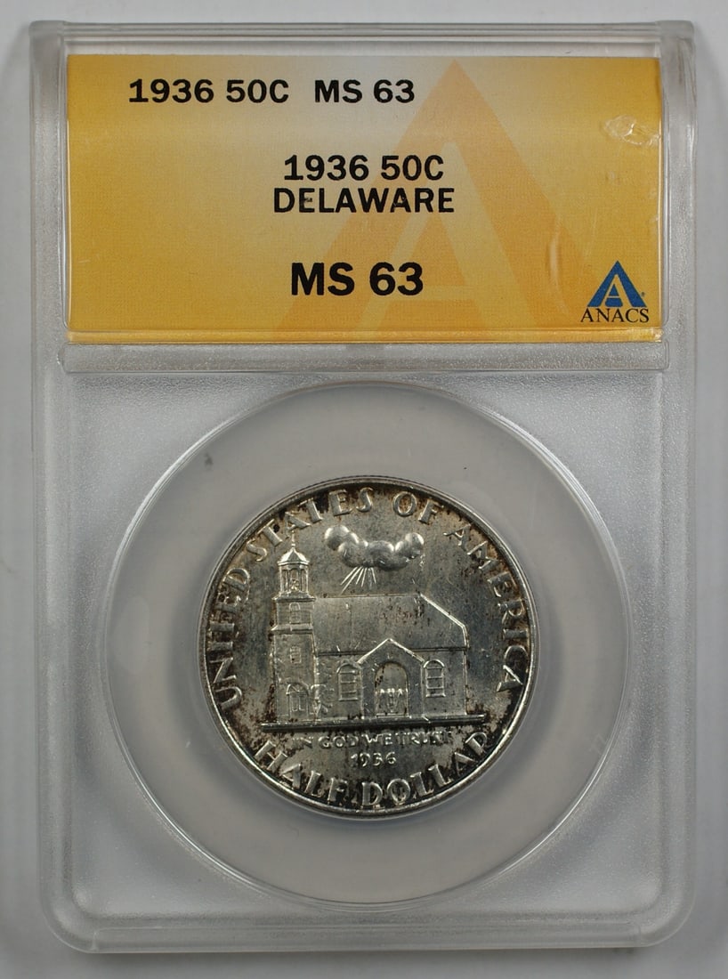 1936 Delaware Tercentenary Silver Half Dollar ANACS MS-63 Partially Toned: 1936 Delaware Tercentenary Silver Half Dollar ANACS MS-63 Partially Toned This is a 1936 Delaware Tercentenary Silver Half Dollar Commemorative Coin, certified by ANACS with a grade of MS-63. The coin