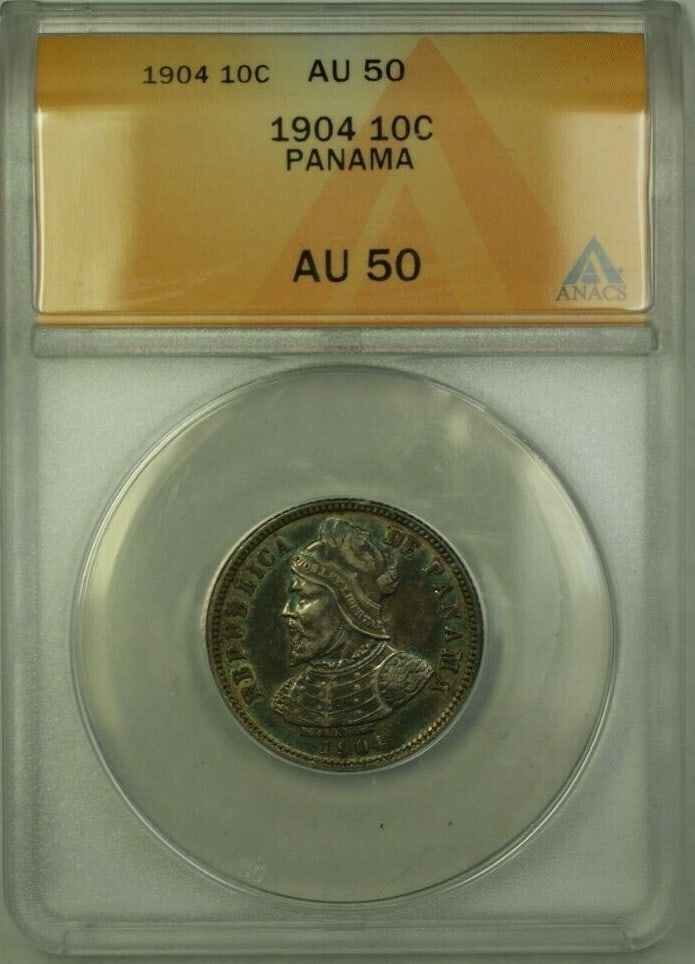 ANACS AU 50 1904 Panama 10 Centesimos Silver Coin: ANACS AU 50 1904 Panama 10 Centesimos Silver Coin This is a 1904 Panama 10 Centesimos silver coin, certified by ANACS with a grade of AU 50. The coin is composed of silver and is a pre-owned collectib