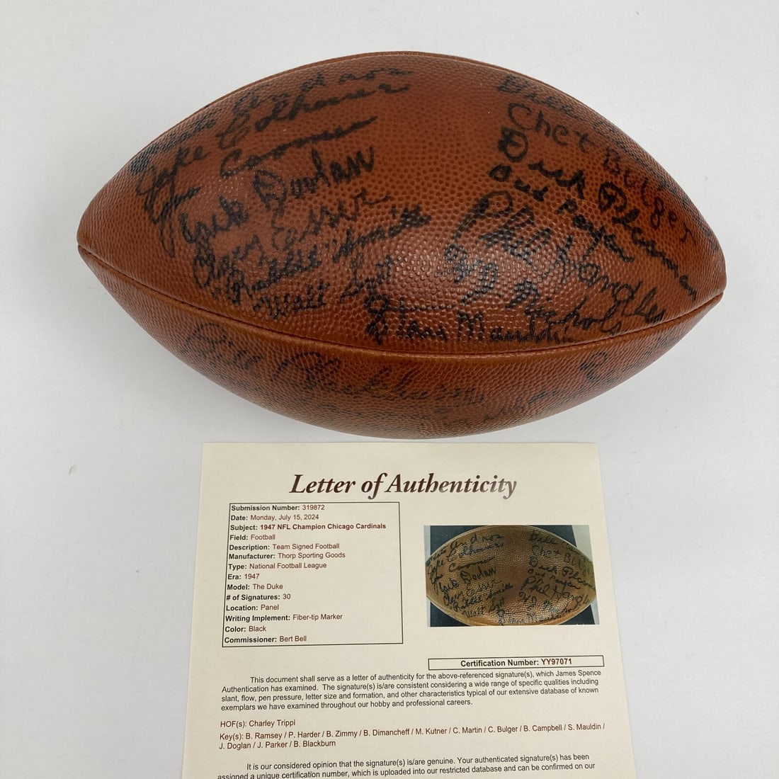 1947 Chicago Cardinals Signed Game Football with 30 Autographs JSA COA: 1947 Chicago Cardinals Signed Game Football with 30 Autographs JSA COA This vintage Official NFL football is a remarkable piece of sports history, signed by the legendary 1947 Chicago Cardinals team,