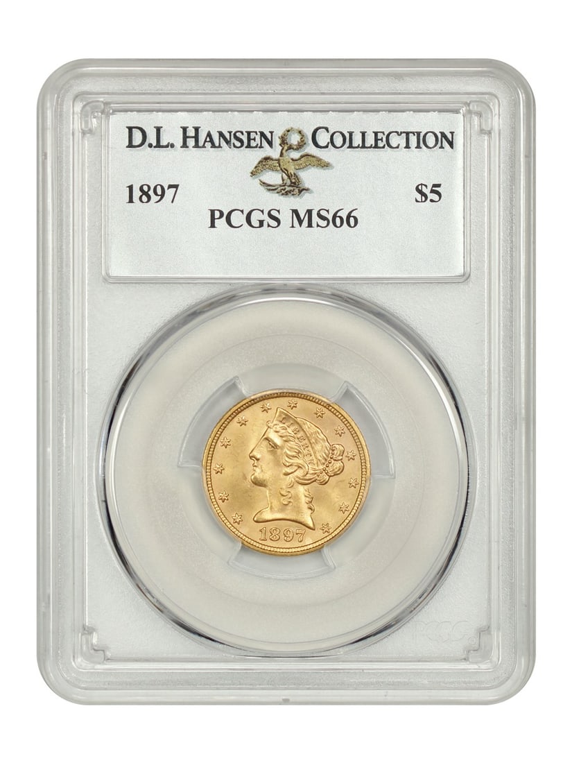 1897 Liberty Head $5 Coin PCGS MS66 D.L. Hansen Certified Gold: 1897 Liberty Head $5 Coin PCGS MS66 D.L. Hansen Certified Gold This stunning 1897 Liberty Head $5 coin, certified by PCGS with a remarkable grade of MS66, is a true gem for collectors. Struck in Phila