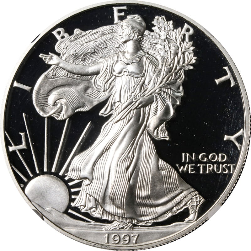 1997-P Silver American Eagle $1 NGC PF70 Ultra Cameo Coin: 1997-P Silver American Eagle $1 NGC PF70 Ultra Cameo Coin This 1997-P Silver American Eagle $1 coin is graded NGC PF70 Ultra Cameo, ensuring it is in perfect condition with exceptional eye appeal, fan