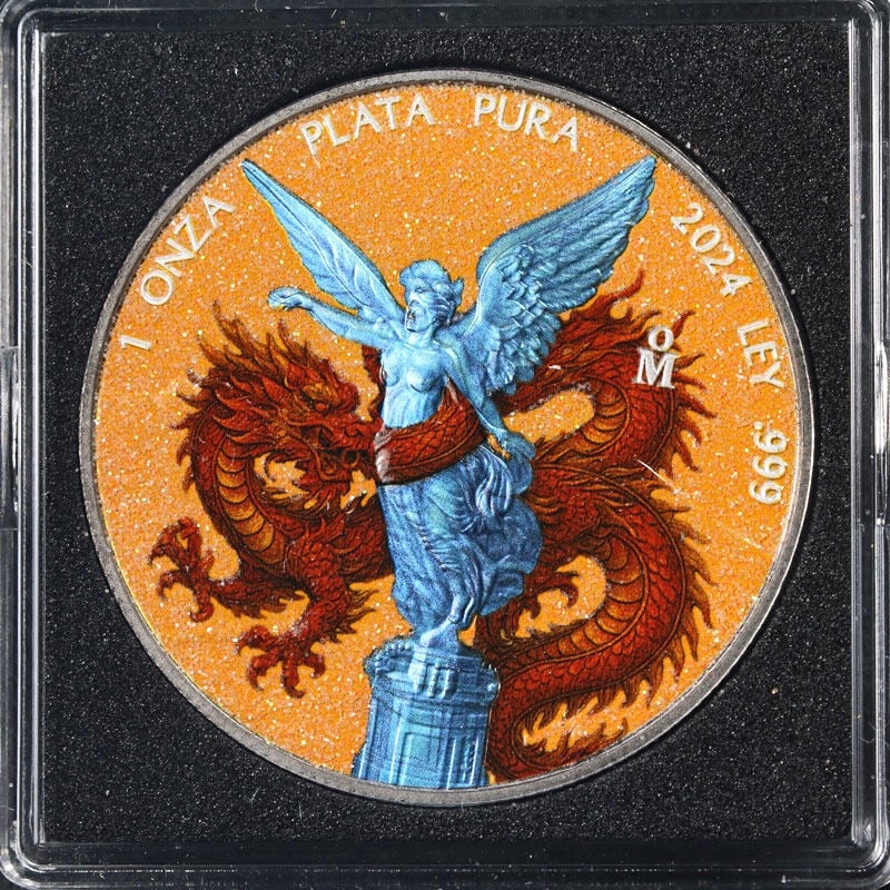 2024 Mexico 1 Oz Silver Libertad Chinese Red Dragon Diamond Dust: 2024 Mexico 1 Oz Silver Libertad Chinese Red Dragon Diamond Dust Presenting the 2024 Mexico 1 Ounce Silver Libertad featuring the Chinese Red Dragon with a captivating diamond dust finish. This uncirc