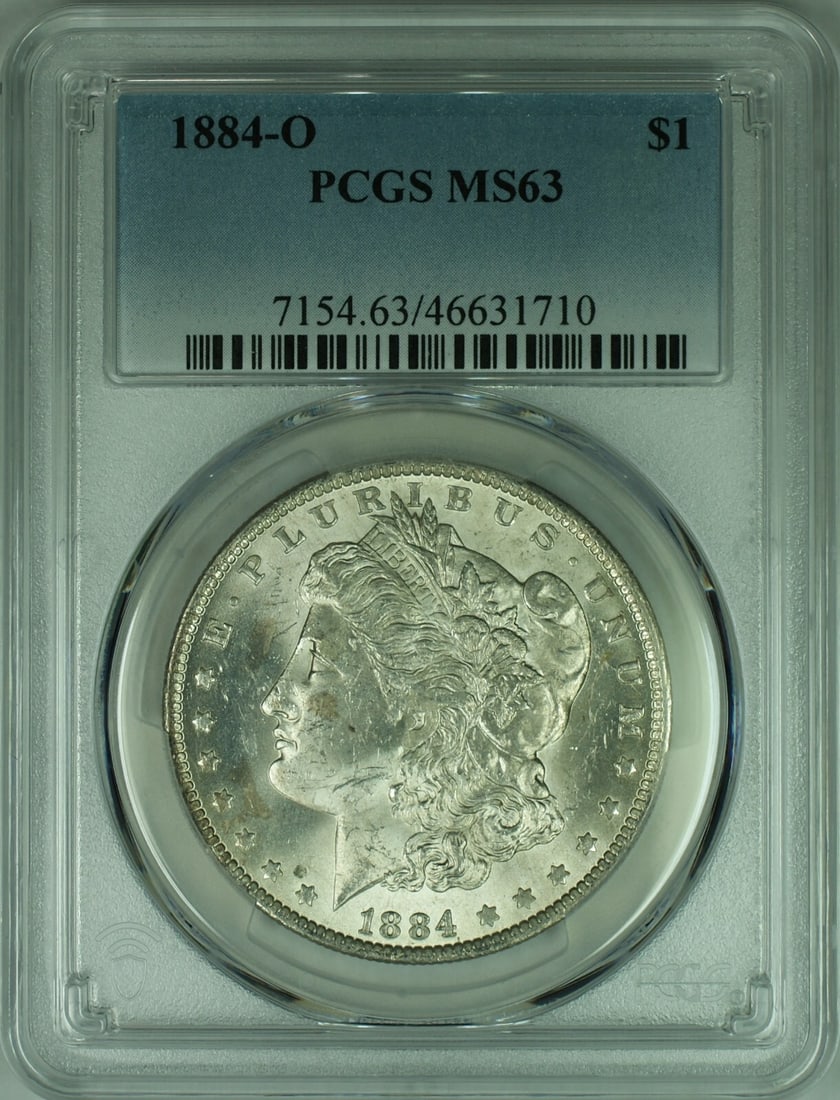 PCGS MS-63 1884-O Silver Morgan Dollar Coin from New Orleans Mint: PCGS MS-63 1884-O Silver Morgan Dollar Coin from New Orleans Mint This is an 1884-O Morgan Silver Dollar coin, certified by PCGS with a grade of MS-63. Struck at the New Orleans Mint, this uncirculate