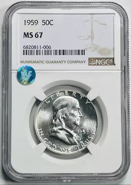 1959 Silver Half Dollar MS 67 Graded by NGC: 1959 Silver Half Dollar MS 67 Graded by NGC This 1959 Franklin Half Dollar is certified by NGC with a grade of MS 67. The coin is composed of silver, uncirculated, and originates from the USA. It is a