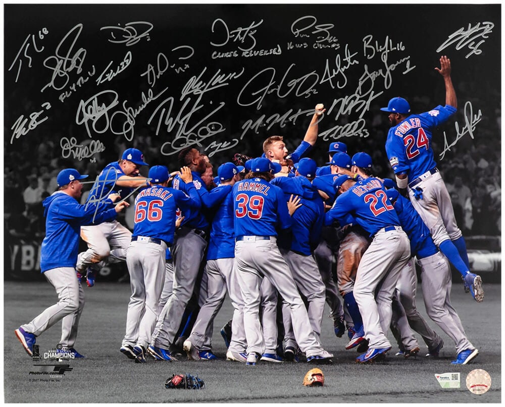 2016 Chicago Cubs Team Signed 16x20 World Series Photo with 25 Autographs: 2016 Chicago Cubs Team Signed 16x20 World Series Photo with 25 Autographs Celebrate the historic 2016 Chicago Cubs World Series victory with this stunning 16x20 photo capturing the team's triumphant c