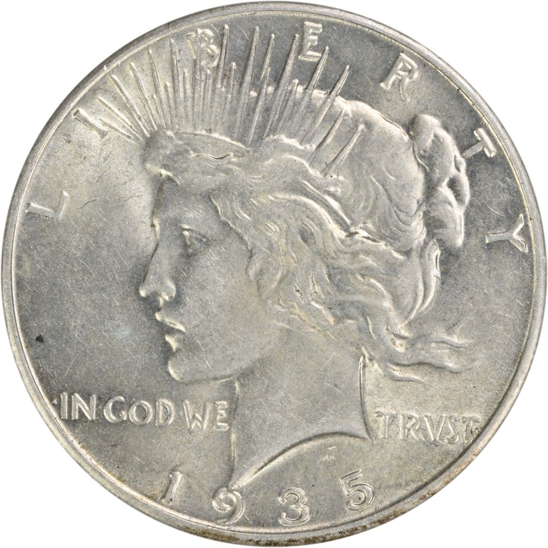 1935 United States Peace Dollar 90 Percent Silver AU Philadelphia Uncertified: 1935 United States Peace Dollar 90 Percent Silver AU Philadelphia Uncertified This 1935 Peace Silver Dollar from the United States is a circulated coin graded as About Uncirculated (AU). Struck at the