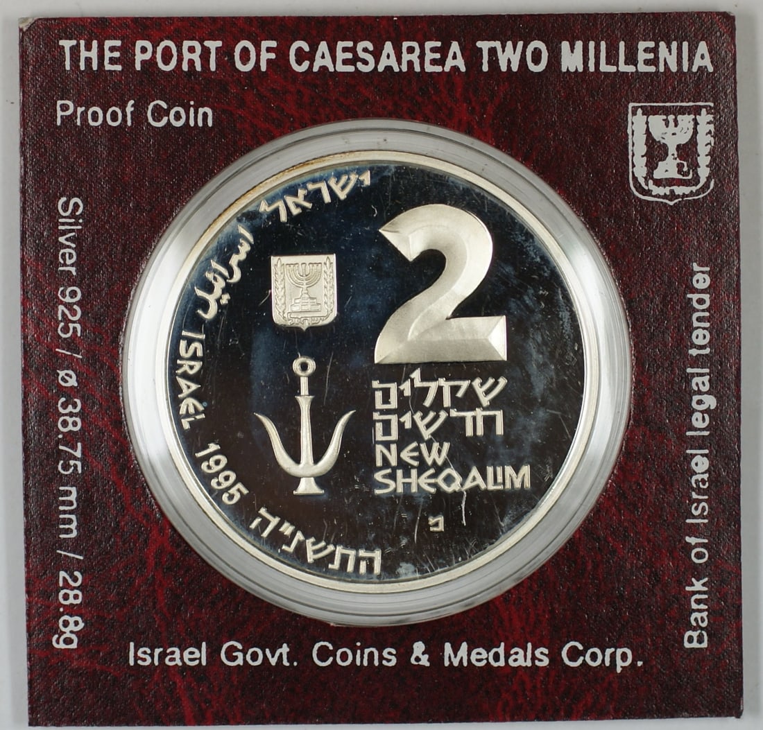1995 Silver Two New Sheqalim Proof Coin Port of Caesarea Israel with COA: 1995 Silver Two New Sheqalim Proof Coin Port of Caesarea Israel with COA This 1995 Israel 2 New Sheqalim silver proof coin commemorates two millennia of the Port of Caesarea. The coin is composed of 0