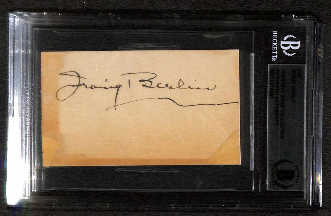 Irving Berlin Autographed Signature Cut Authenticated by Beckett in Holder: Irving Berlin Autographed Signature Cut Authenticated by Beckett in Holder This is an original autographed cut signed by the renowned musical composer and writer Irving Berlin, who passed away in 1989