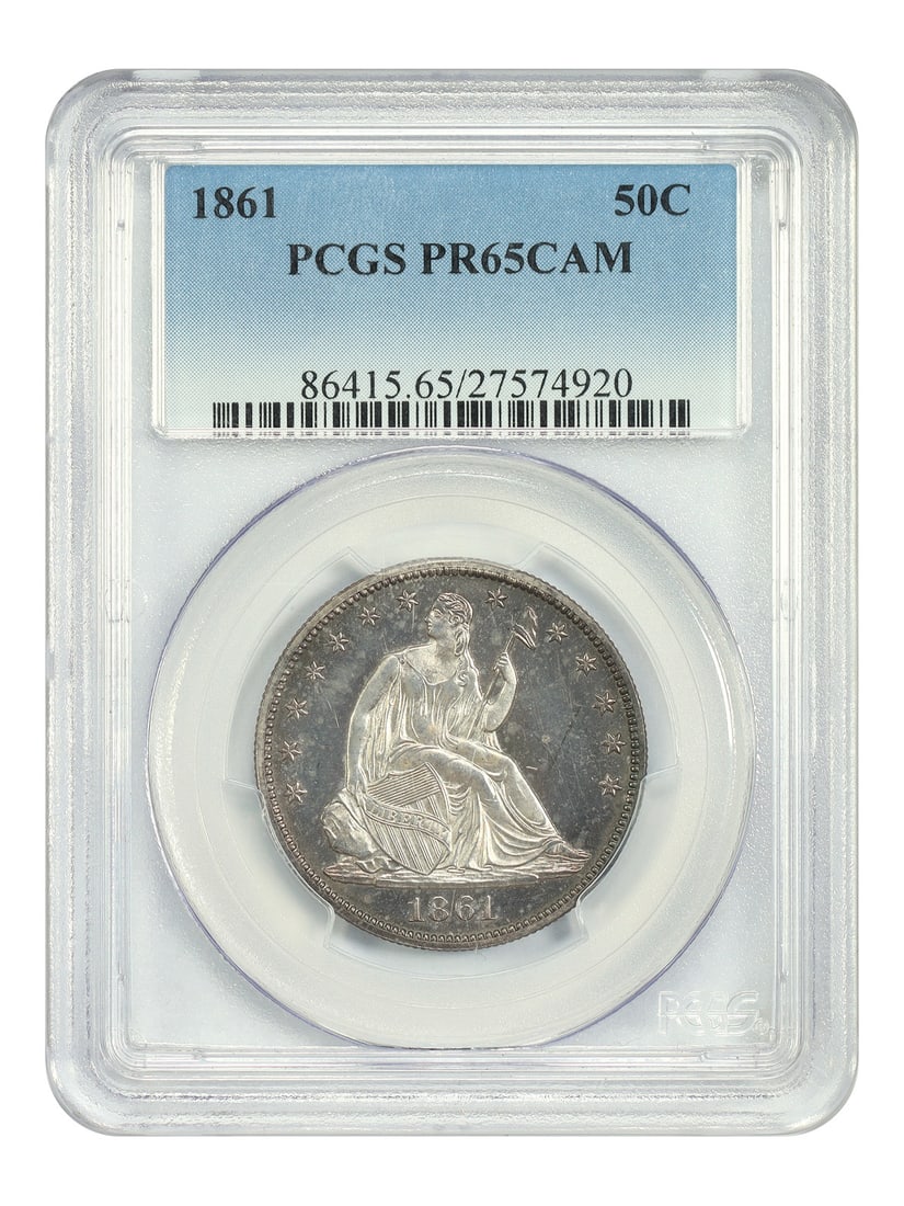 1861 Liberty Seated Half Dollar Proof PCGS PR65CAM Philadelphia: 1861 Liberty Seated Half Dollar Proof PCGS PR65CAM Philadelphia This 1861 Liberty Seated Half Dollar is a Gem proof coin graded PR65CAM by PCGS. It features attractive mirrored surfaces with a range o