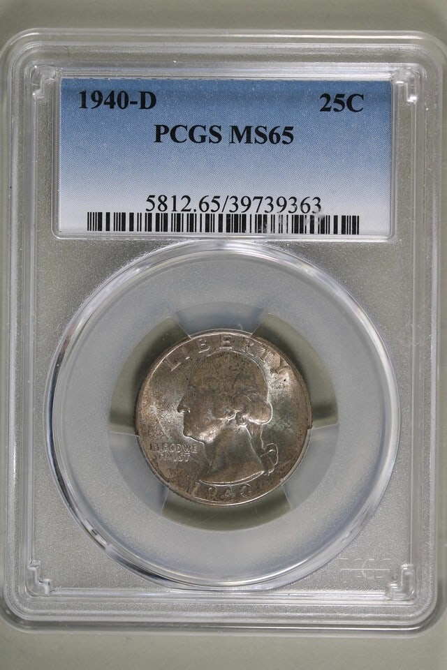 1940-D Washington Quarter 25C PCGS MS65 Beautifully Toned Silver Coin: 1940-D Washington Quarter 25C PCGS MS65 Beautifully Toned Silver Coin This 1940-D Washington Quarter is a stunning piece of numismatic history, graded MS65 by PCGS, indicating its uncirculated conditi
