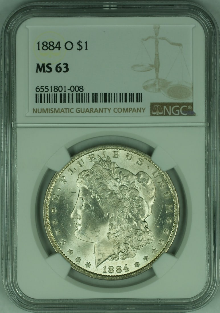 NGC MS 63 1884-O Morgan Silver Dollar Uncirculated New Orleans Mint: NGC MS 63 1884-O Morgan Silver Dollar Uncirculated New Orleans Mint This 1884-O Morgan Silver Dollar is certified by NGC with a grade of MS-63. Minted in New Orleans, this uncirculated coin is compose