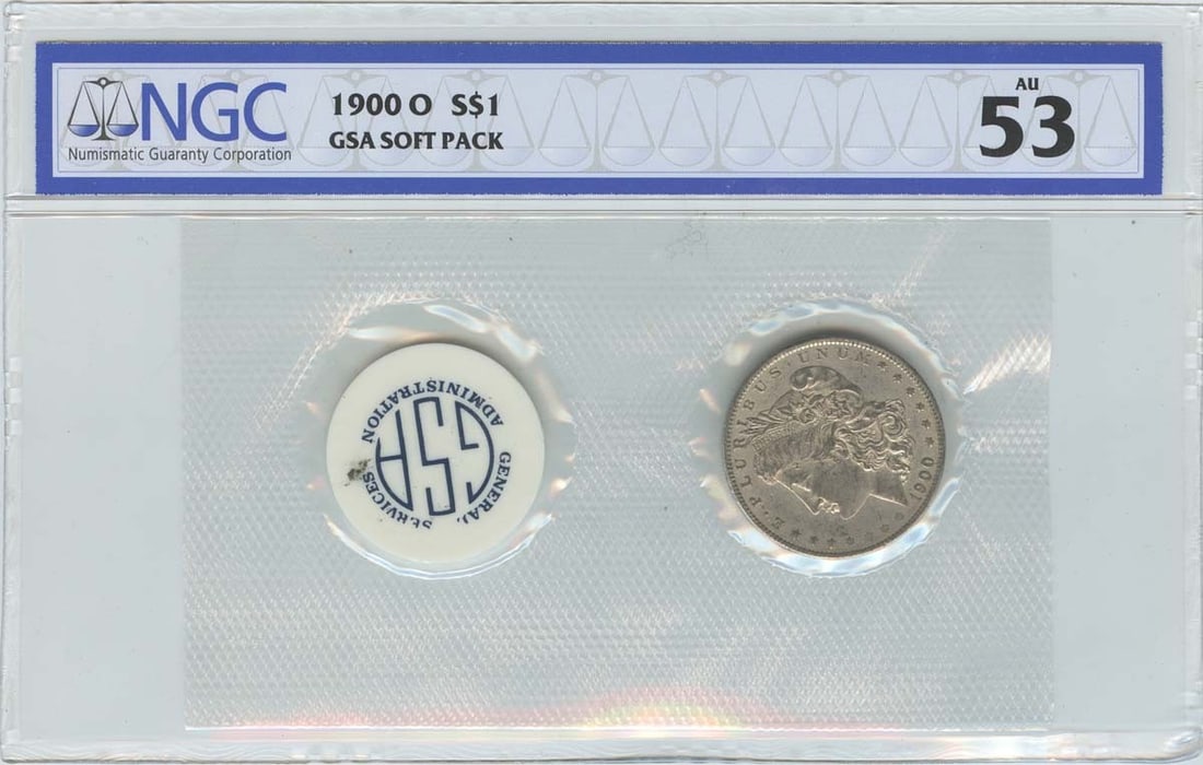 1900-O NGC AU53 Morgan Dollar GSA Soft Pack Coin: 1900-O NGC AU53 Morgan Dollar GSA Soft Pack Coin This 1900-O Morgan Dollar is certified by NGC with a grade of AU53, indicating it has been carefully circulated while retaining significant detail. Min