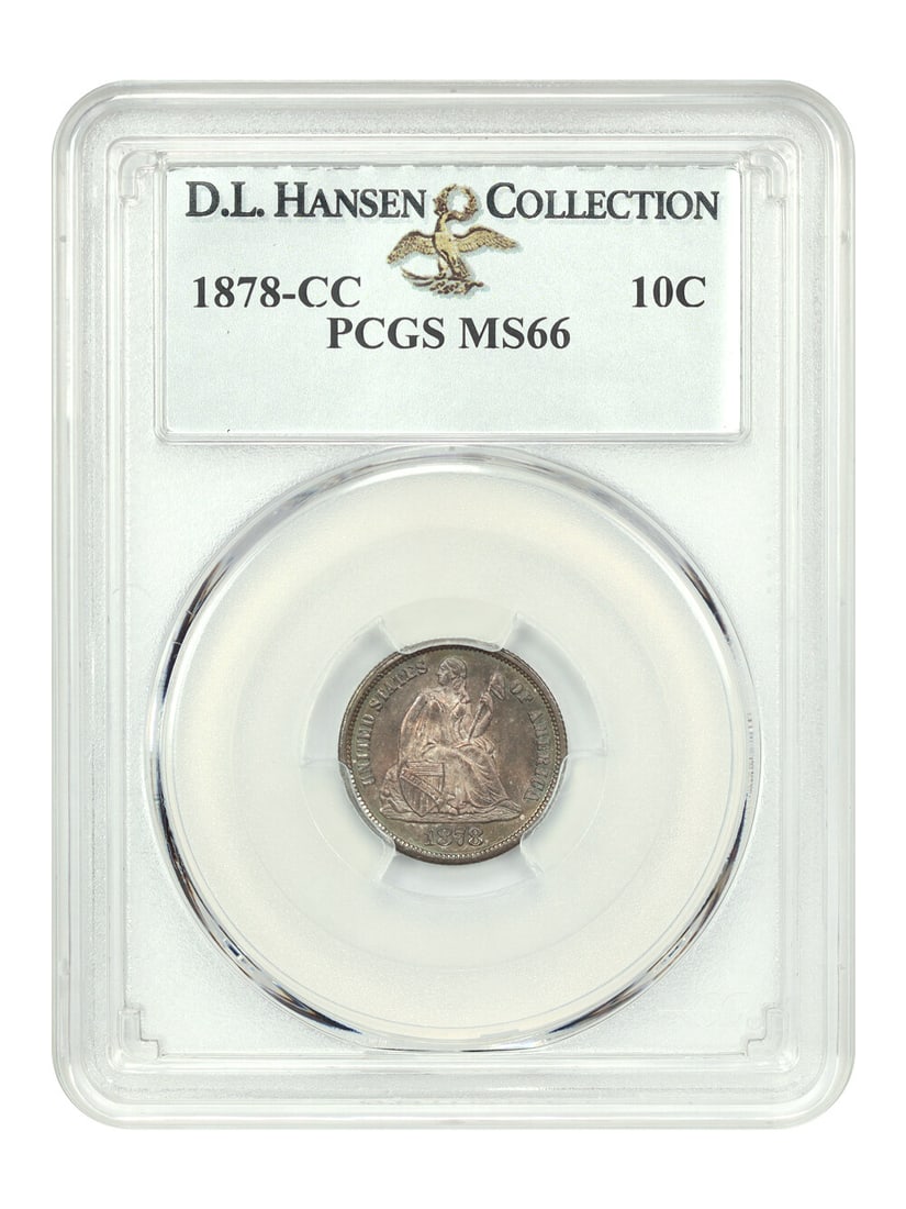 1878-CC Liberty Seated Dime PCGS MS66 Premium Gem: 1878-CC Liberty Seated Dime PCGS MS66 Premium Gem This 1878-CC Liberty Seated Dime is certified by PCGS with a grade of MS66, indicating it is uncirculated and in outstanding condition. Minted in Cars