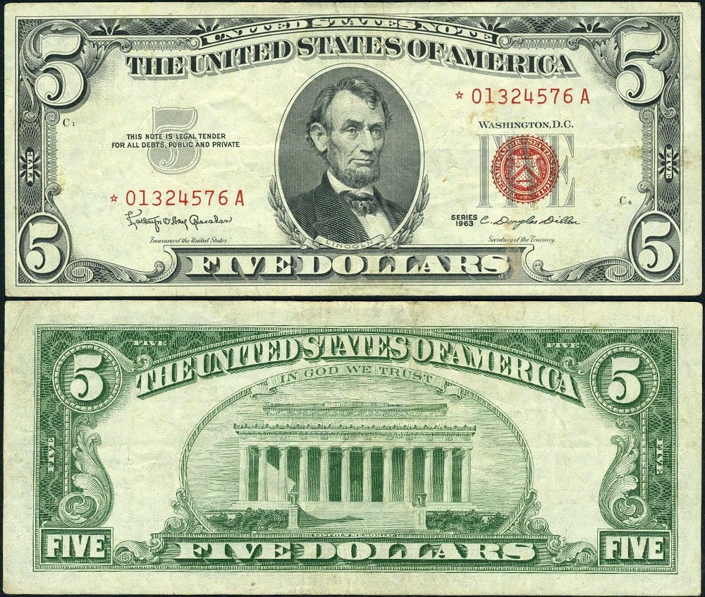 1963 $5 Legal Tender Star Note FR. 1536 Ladder Serial VF+: 1963 $5 Legal Tender Star Note FR. 1536 Ladder Serial VF+ This is a 1963 $5 Legal Tender note, featuring a unique ladder-like serial number. It is classified as circulated and graded at VF+ (Very Fine