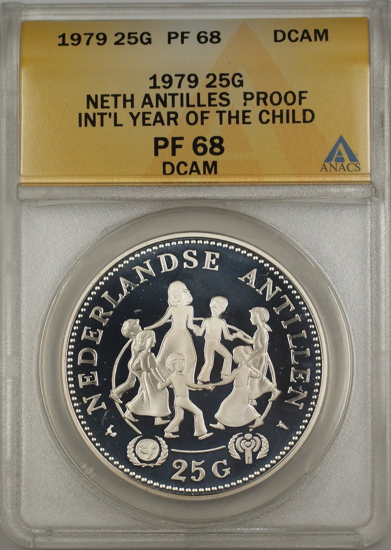 ANACS PF 68 DCAM Silver 25G Gulden 1979 Netherlands Antilles Year of the Child Coin: ANACS PF 68 DCAM Silver 25G Gulden 1979 Netherlands Antilles Year of the Child Coin This 1979 Netherlands Antilles 25 Gulden silver coin commemorates the Year of the Child. Certified by ANACS with a g