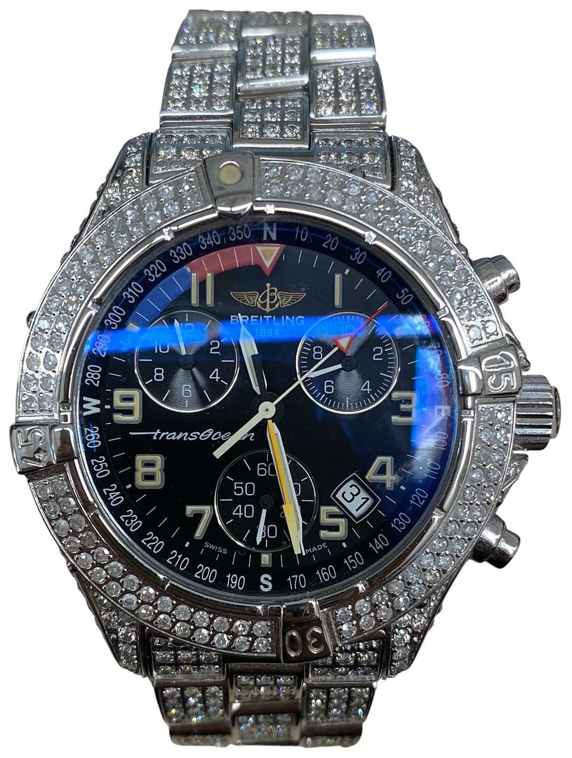 Breitling Transocean A530401 Men's Watch Black Dial Diamond Bezel and Bracelet: Breitling Transocean A530401 Men's Watch Black Dial Diamond Bezel and Bracelet This Breitling Transocean watch features a striking black dial, complemented by a diamond bezel and diamond bracelet. Des