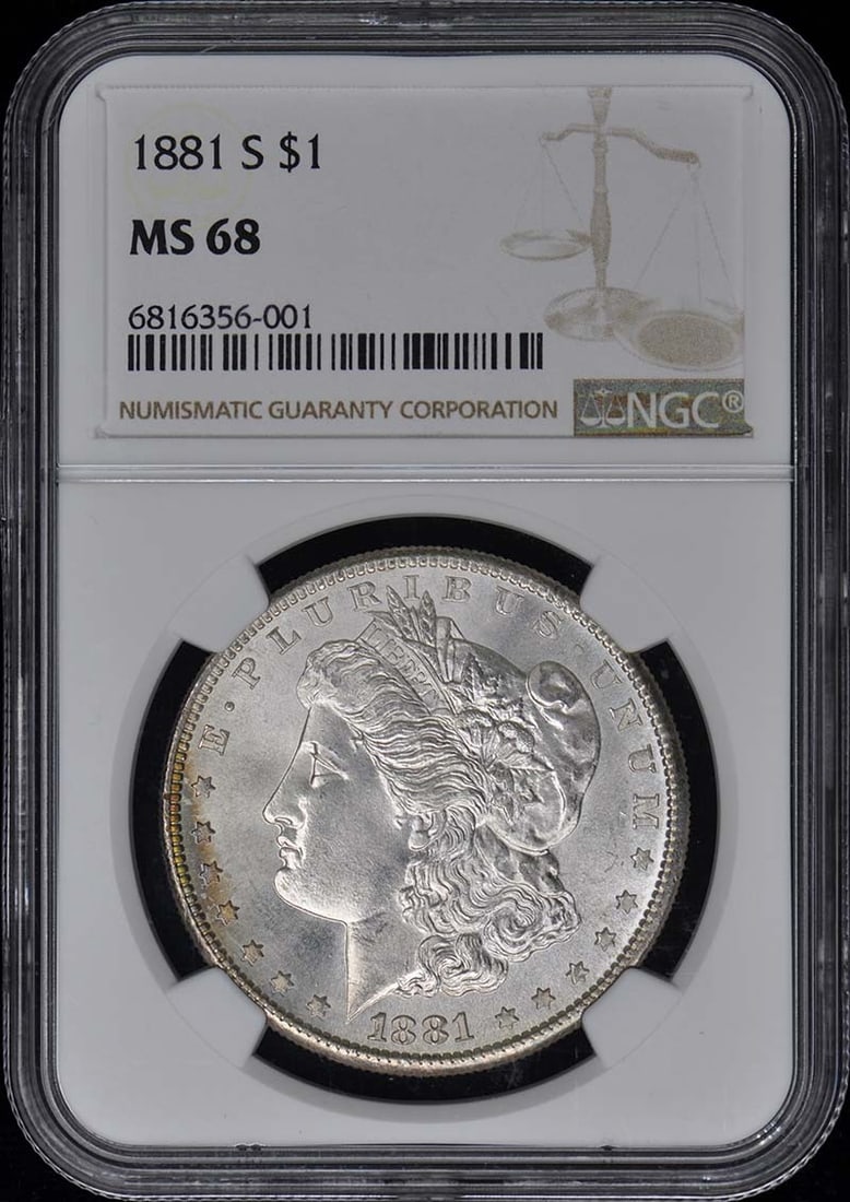 NGC MS68 1881 San Francisco Morgan Silver Dollar: NGC MS68 1881 San Francisco Morgan Silver Dollar This 1881-S Morgan Dollar is graded MS68 by NGC and remains uncirculated. Minted in San Francisco, it features the classic Morgan Dollar design and is