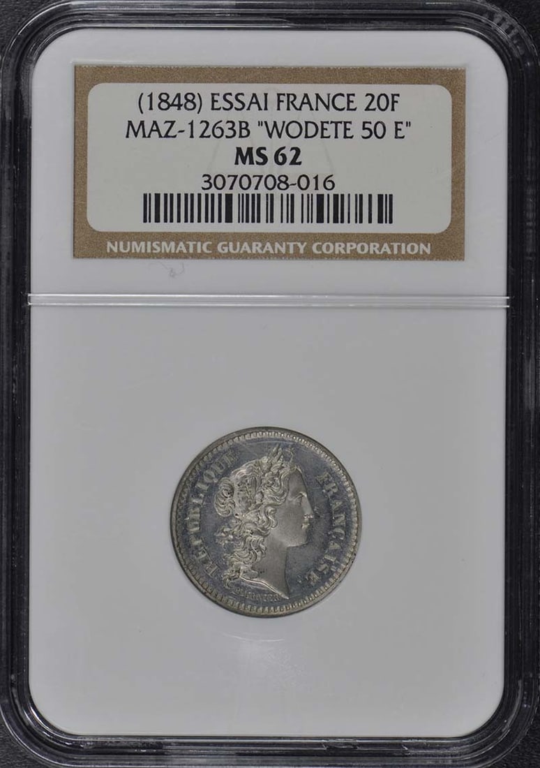 1848 France Essai 20 Francs Maz-1263B NGC MS62 Uncirculated Coin: 1848 France Essai 20 Francs Maz-1263B NGC MS62 Uncirculated Coin This 1848 France Essai 20 Francs coin is graded as MS62 by NGC, indicating it is in uncirculated condition. The coin features intricate