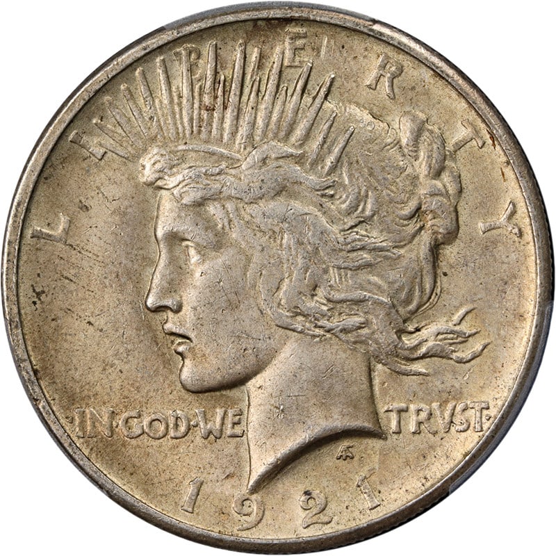 1921 Peace Dollar High Relief PCGS AU58 Strong Strike Silver Coin: 1921 Peace Dollar High Relief PCGS AU58 Strong Strike Silver Coin This stunning 1921 Peace Dollar $1 is a certified high relief coin, graded AU58 by PCGS, showcasing excellent eye appeal and a strong