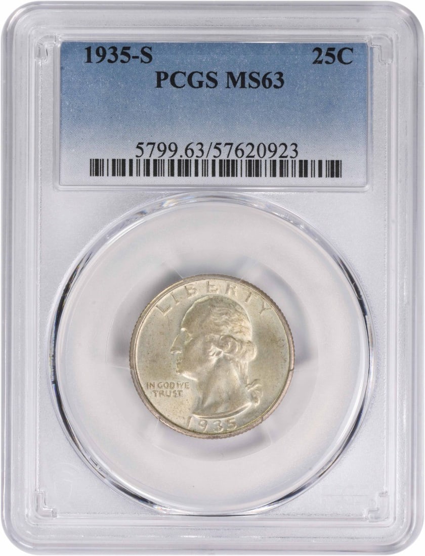 1935-S Washington Quarter MS63 PCGS Uncirculated Silver Coin: 1935-S Washington Quarter MS63 PCGS Uncirculated Silver Coin This 1935-S Washington Quarter is graded MS63 by PCGS, ensuring its uncirculated condition. Struck at the San Francisco Mint, this quarter